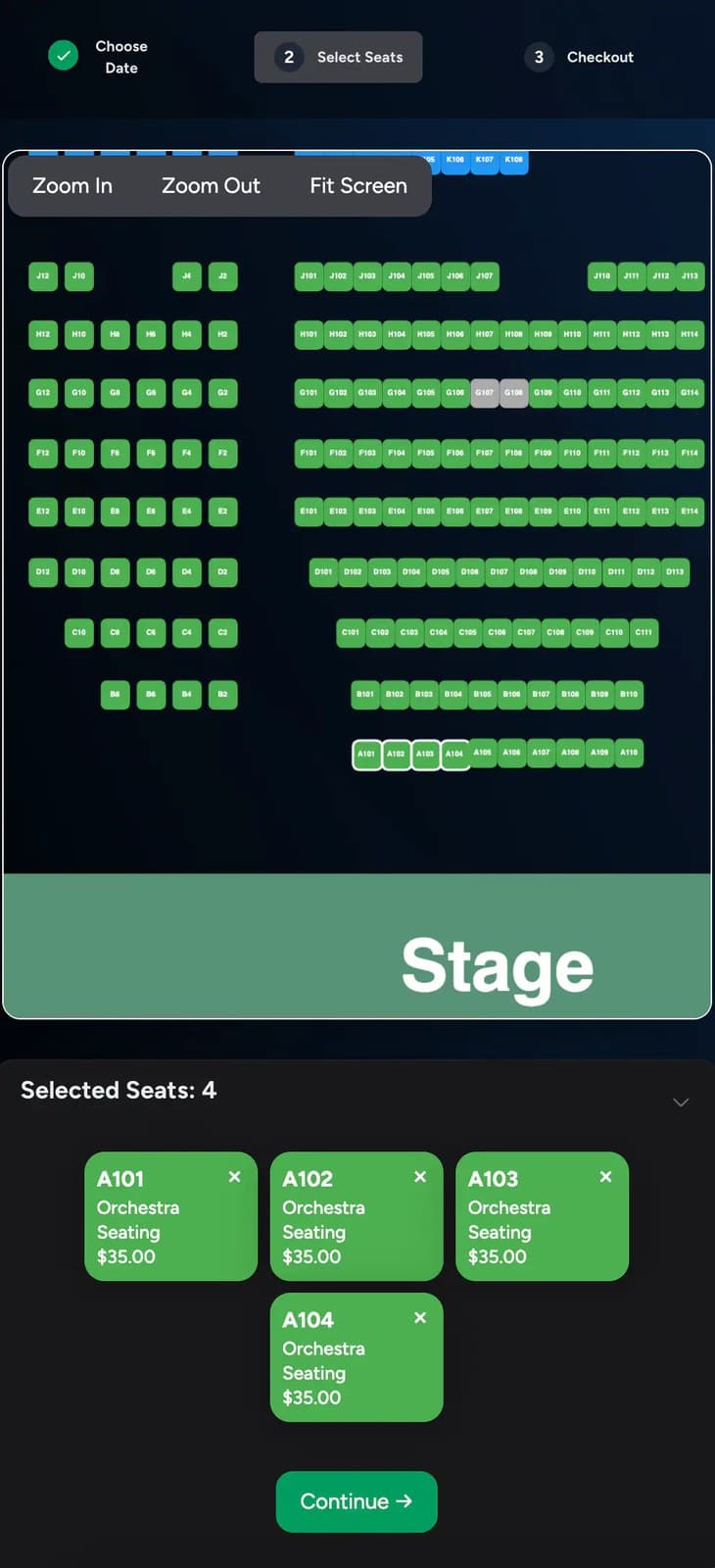 Choosing four orchestra seats on a live seat map